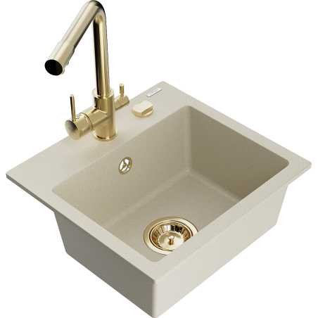 Mexen Milo évier en granit 1 bac avec robinet de cuisine Duero, beige - 6505-69-671600-50