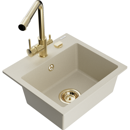 Mexen Milo granieten spoelbak met één bak en keukenkraan Duero, beige - 6505-69-671600-50