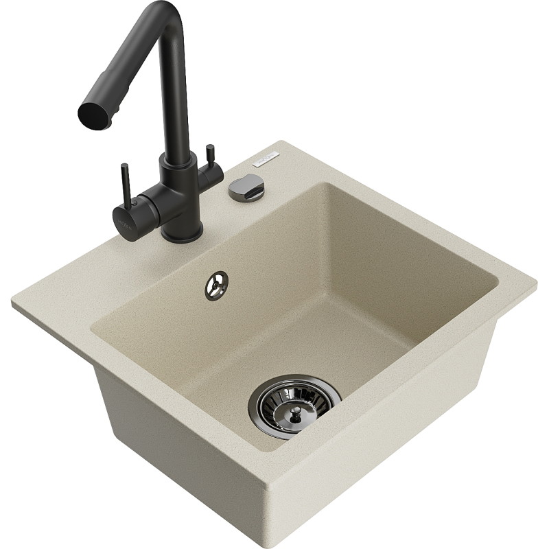 Mexen Milo 1-kamerige granieten gootsteen met Duero keukenkraan, beige - 6505-69-671600-70