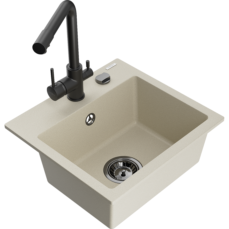 Mexen Milo évier en granit 1 bac avec robinet de cuisine Duero, beige - 6505-69-671600-70
