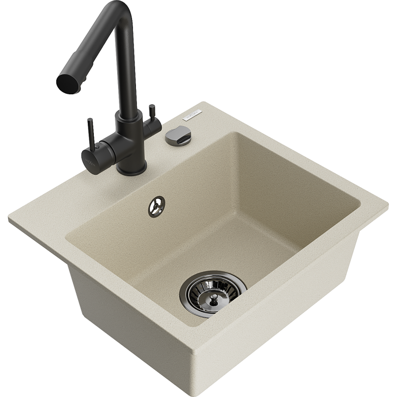 Mexen Milo fregadero de granito de 1 tazón con grifo de cocina Duero, beige - 6505-69-671600-70