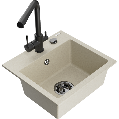 Mexen Milo 1-bowl granite sink with Duero kitchen tap, beige - 6505-69-671600-70