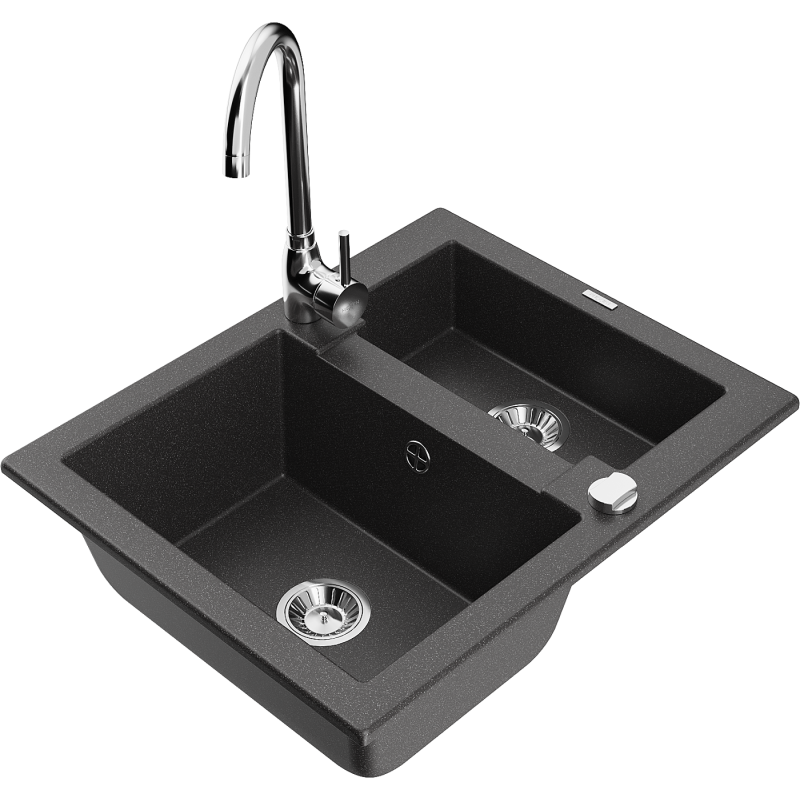 Mexen Carlos Granitspulltësch mat 1,5 Kammeren a Kichenhahn Telma, schwaarz gespräichelt - 6518-76-670200-00