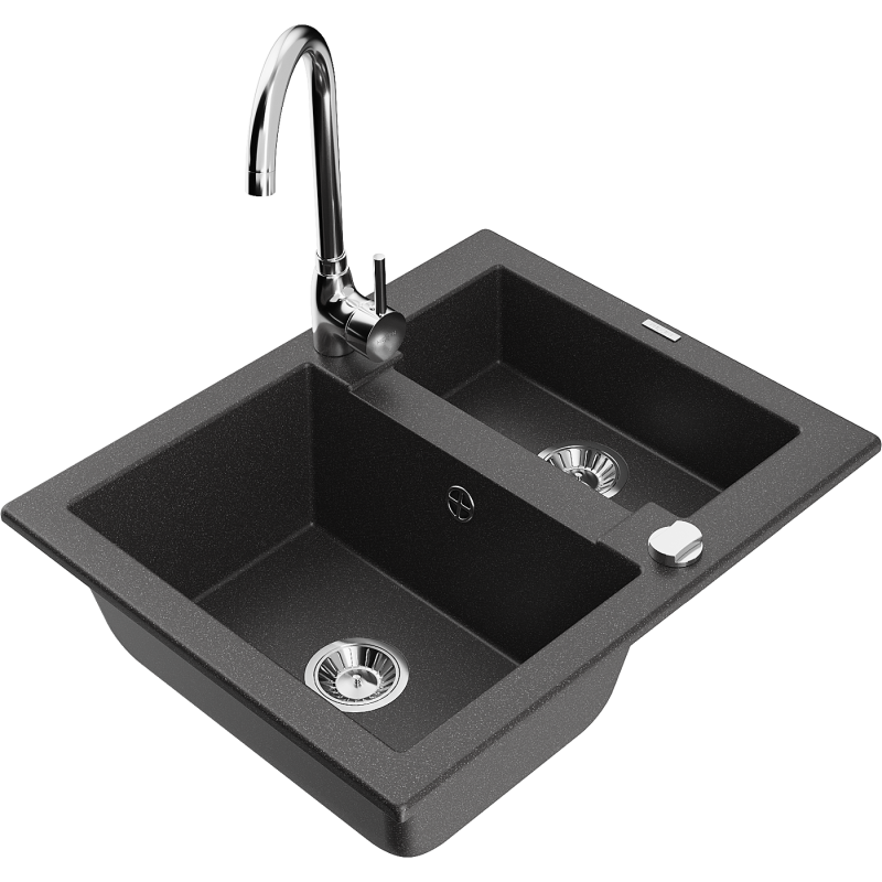 Mexen Carlos lava-loiça de granito 1,5-cubas com torneira de cozinha Telma, preto salpicado - 6518-76-670200-00