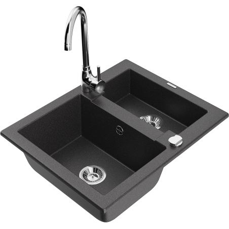 Mexen Carlos fregadero de granito de 1,5 senos con grifo de cocina Telma, negro moteado - 6518-76-670200-00