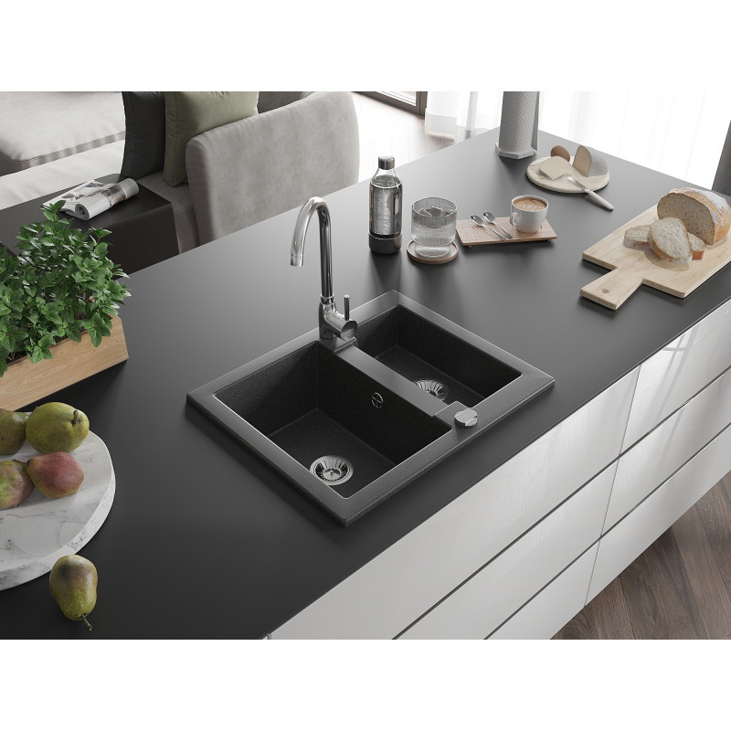 Mexen Carlos fregadero de granito de 1,5 senos con grifo de cocina Telma, negro moteado - 6518-76-670200-00