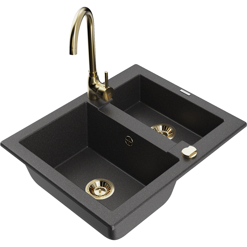 Mexen Carlos granite sink 1.5-bowl with Telma kitchen tap, speckled black - 6518-76-670200-50