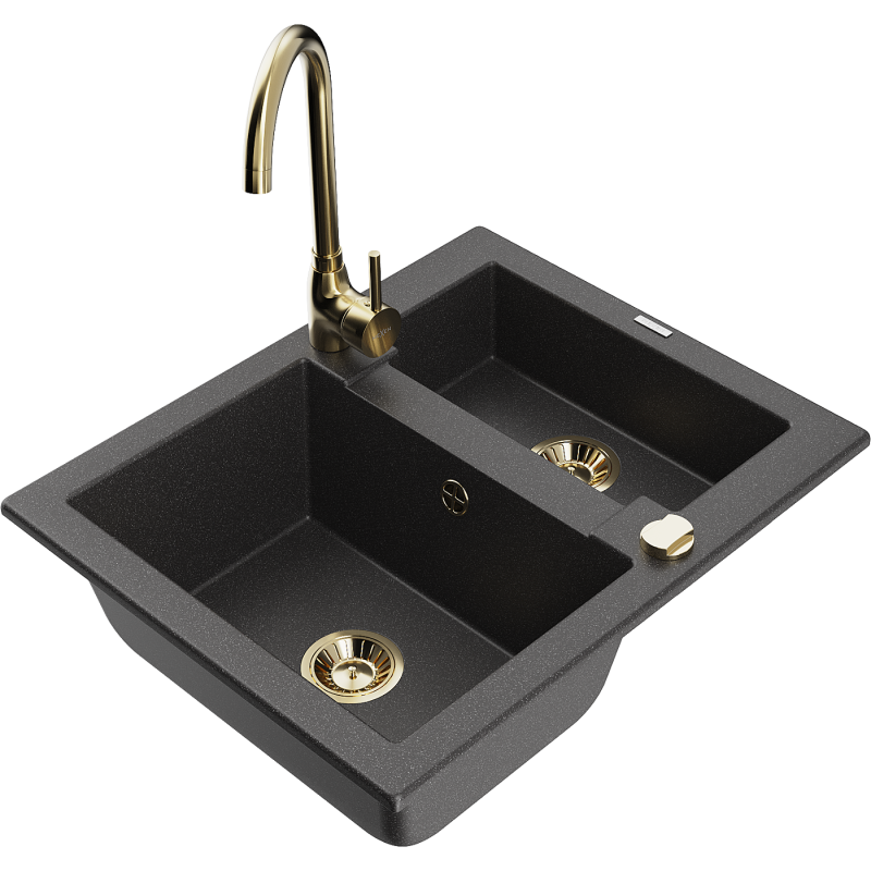 Mexen Carlos lava-loiça em granito 1,5-bacia com torneira de cozinha Telma, preto salpicado - 6518-76-670200-50