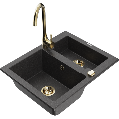 Mexen Carlos granite kitchen sink 1.5-bowl with Telma kitchen faucet, black speckled - 6518-76-670200-50