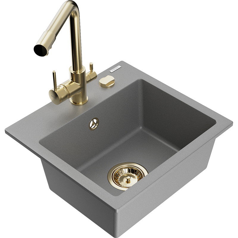 Mexen Milo fregadero de granito de 1 compartimento con grifo de cocina Duero, gris - 6505-71-671600-50