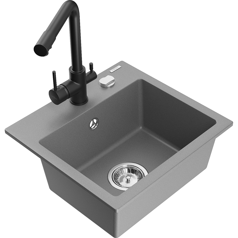 Mexen Milo lava-loiça de granito com 1 câmara e torneira de cozinha Duero, cinza - 6505-71-671600-70