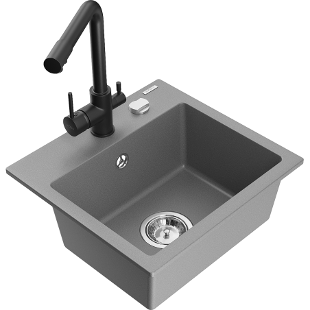 Mexen Milo Single-Bowl Granite Sink with Duero Kitchen Tap, Grey - 6505-71-671600-70