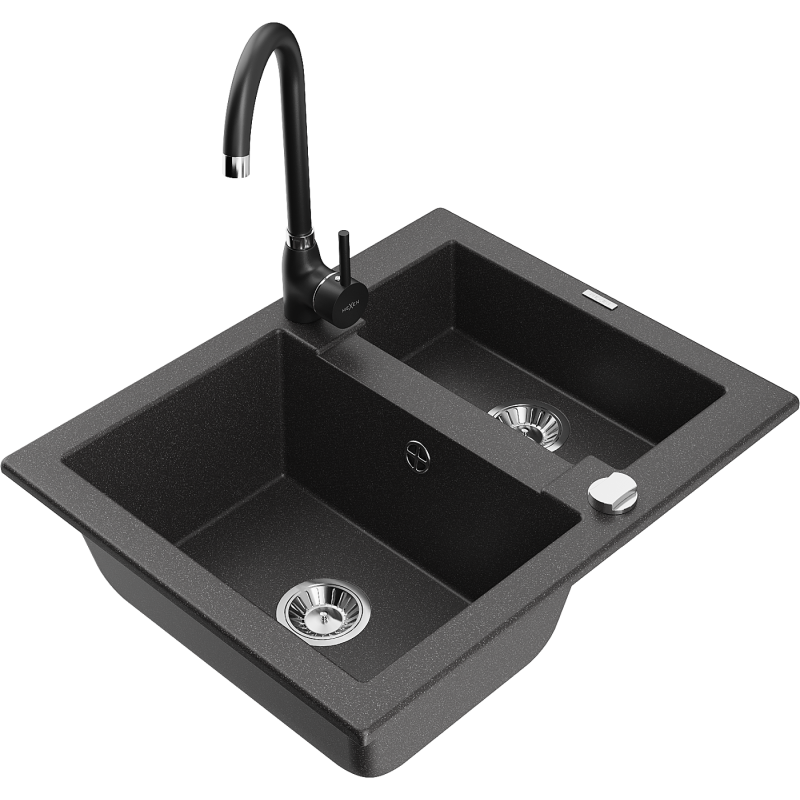 Mexen Carlos fregadero de granito de 1,5 cubetas con grifo de cocina Telma, negro moteado - 6518-76-670200-70