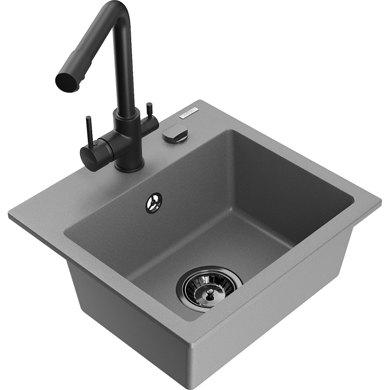 Mexen Milo évier en granit 1-bassin avec robinet de cuisine Duero, gris - 6505-71-671600-70-B