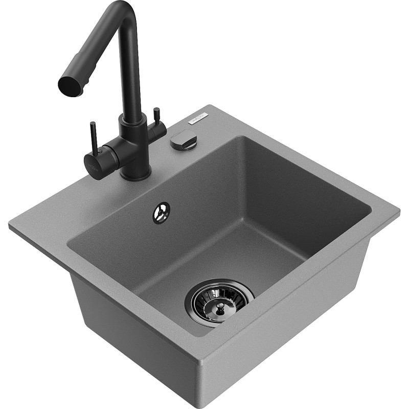 Mexen Milo Granitspüle 1-becken mit Küchenarmatur Duero, grau - 6505-71-671600-70-B