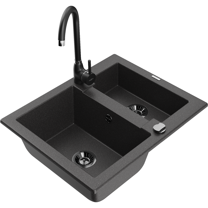 Mexen Carlos 1.5-bowl granite sink with Telma kitchen faucet, black speckled - 6518-76-670200-70-B