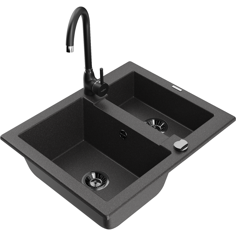 Mexen Carlos lava-loiça de granito 1,5-cuba com misturadora de cozinha Telma, preto salpicado - 6518-76-670200-70-B
