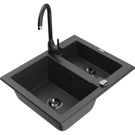 Mexen Carlos fregadero de granito de 1,5 senos con grifo de cocina Telma, negro moteado - 6518-76-670200-70-B