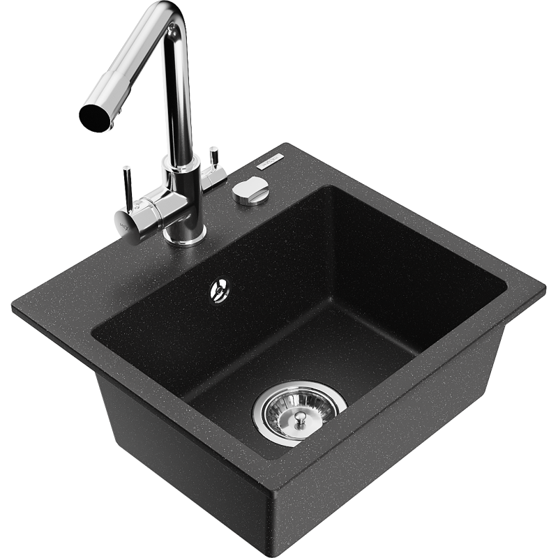 Mexen Milo fregadero de granito de 1 cubeta con grifo de cocina Duero, negro/plateado metálico - 6505-73-671600-00