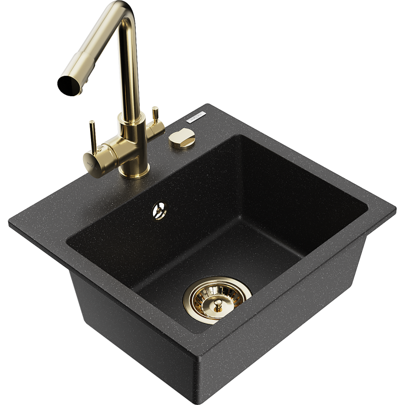 Mexen Milo fregadero de granito de 1 compartimento con grifo de cocina Duero, negro/plata metálica - 6505-73-671600-50