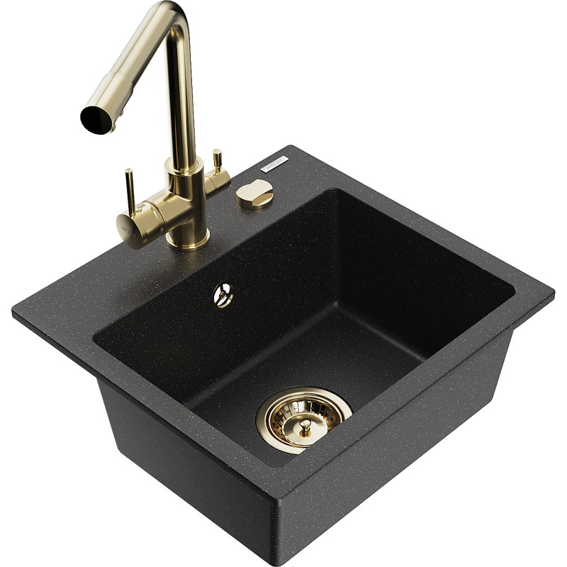 Mexen Milo lavello in granito a 1 vasca con rubinetto da cucina Duero, nero/metallo argento - 6505-73-671600-50