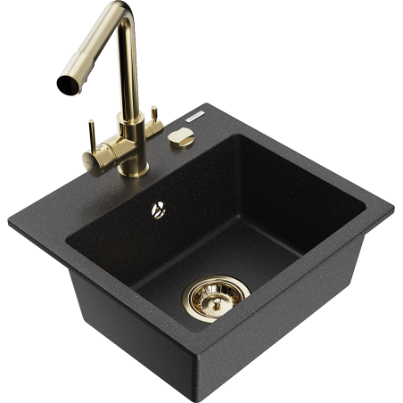Mexen Milo 1-bowl granite sink with Duero kitchen tap, black/silver metallic - 6505-73-671600-50