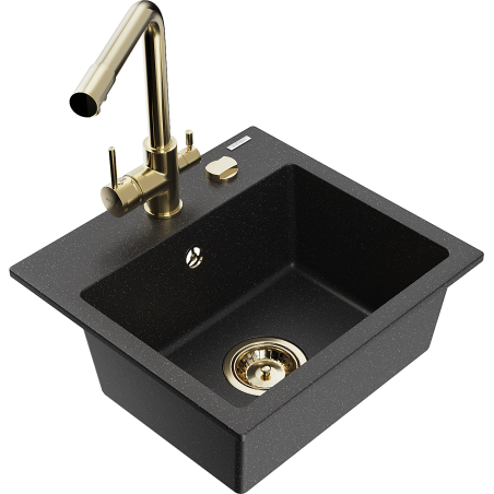 Mexen Milo fregadero de granito de 1 compartimento con grifo de cocina Duero, negro/plata metálica - 6505-73-671600-50