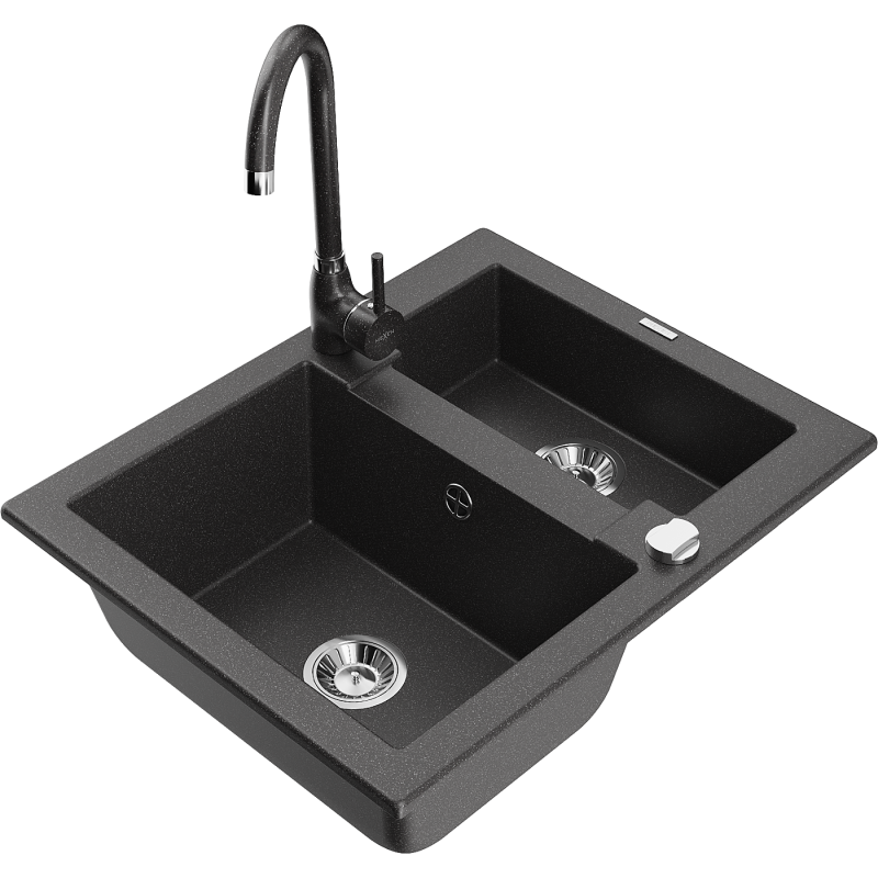 Mexen Carlos 1,5-osainen graniittinen pesuallas keittiöhanalla Telma, musta pilkullinen - 6518-76-670200-76