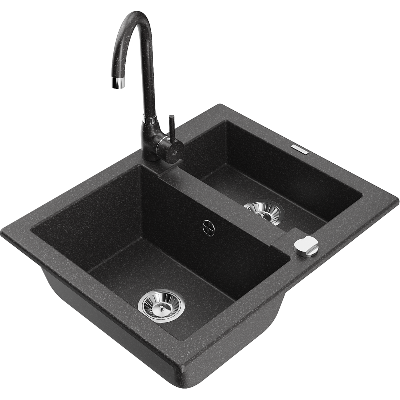 Mexen Carlos fregadero de granito 1,5 compartimentos con grifo de cocina Telma, negro moteado - 6518-76-670200-76