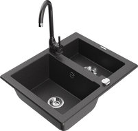 Mexen Carlos Granitspüle 1,5-becken mit Küchenarmatur Telma, schwarz gesprenkelt - 6518-76-670200-76