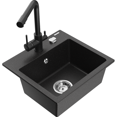 Mexen Milo fregadero de granito de 1 tazón con grifo de cocina Duero, negro/plata metálica - 6505-73-671600-70