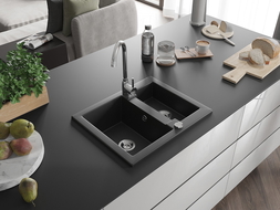 Mexen Carlos granite sink 1.5-bowl with Telma kitchen tap, black - 6518-77-670200-00