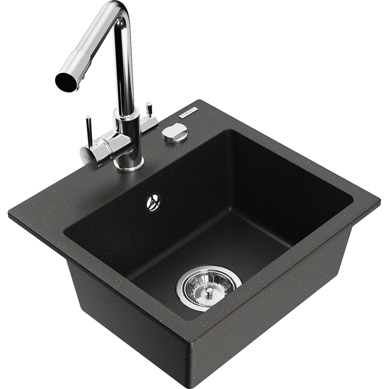 Mexen Milo 1-bowl granite sink with Duero kitchen tap, black/gold metallic - 6505-75-671600-00