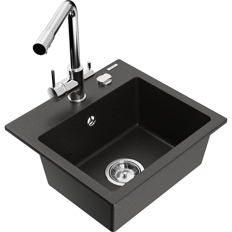 Mexen Milo fregadero de granito de 1 cámara con grifo de cocina Duero, negro/dorado metálico - 6505-75-671600-00