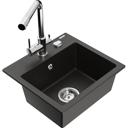 Mexen Milo granitische spoelbak met 1 bak en Duero keukenkraan, zwart/goud metallic - 6505-75-671600-00
