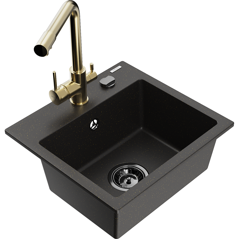 Mexen Milo lava-loiça de granito de 1 bacia com torneira de cozinha Duero, preto/dourado metálico - 6505-75-671600-50-B
