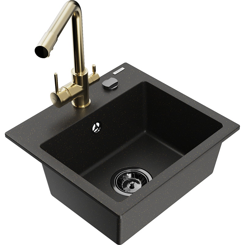 Mexen Milo lavello in granito 1-vasca con rubinetto da cucina Duero, nero/oro metallizzato - 6505-75-671600-50-B