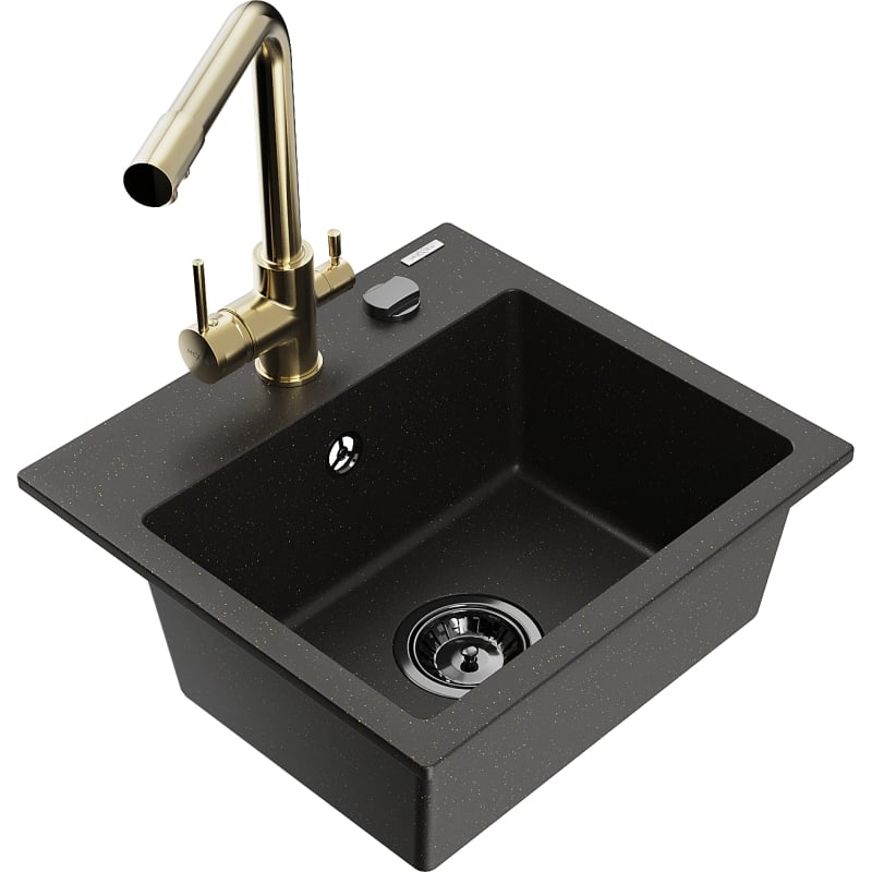 Mexen Milo lavello in granito a 1 vasca con miscelatore da cucina Duero, nero/metallo dorato - 6505-75-671600-50-B