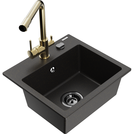 Mexen Milo évier en granit 1 bac avec mitigeur de cuisine Duero, noir/or métallique - 6505-75-671600-50-B