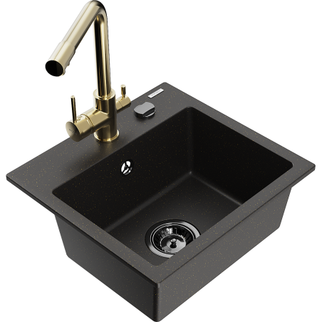 Mexen Milo lavello in granito 1-vasca con rubinetto da cucina Duero, nero/oro metallizzato - 6505-75-671600-50-B