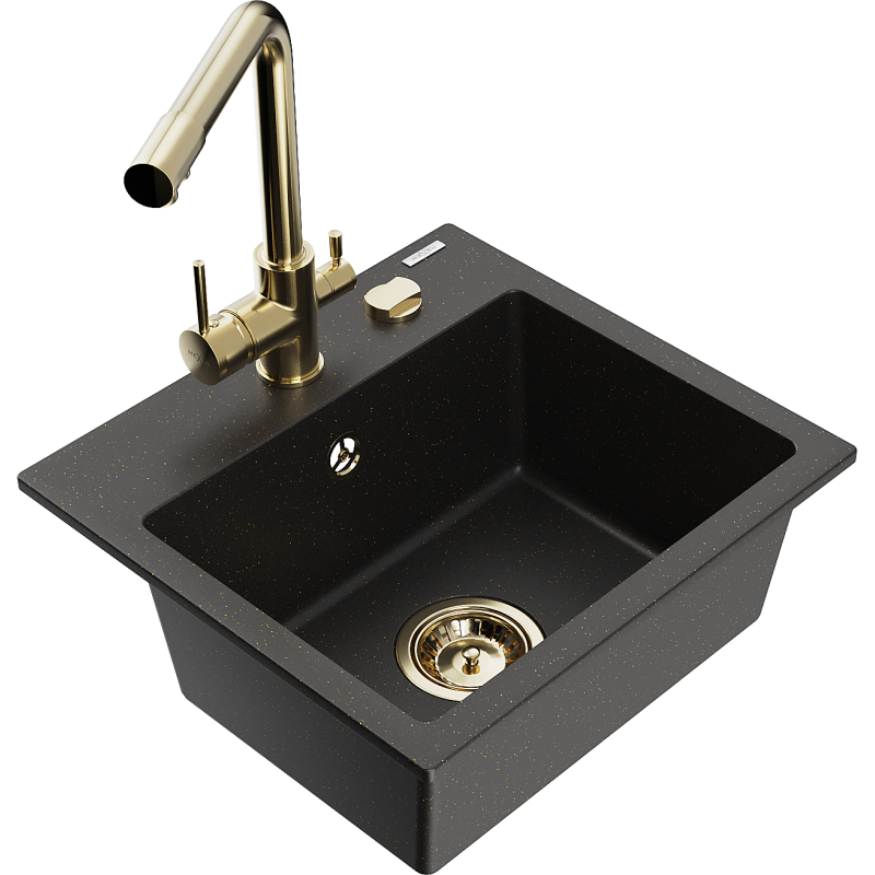 Mexen Milo fregadero de granito de 1 cubeta con grifo de cocina Duero, negro/dorado metálico - 6505-75-671600-50