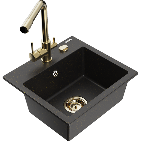 Mexen Milo 1-bowl granite kitchen sink with Duero tap, black/gold metallic - 6505-75-671600-50