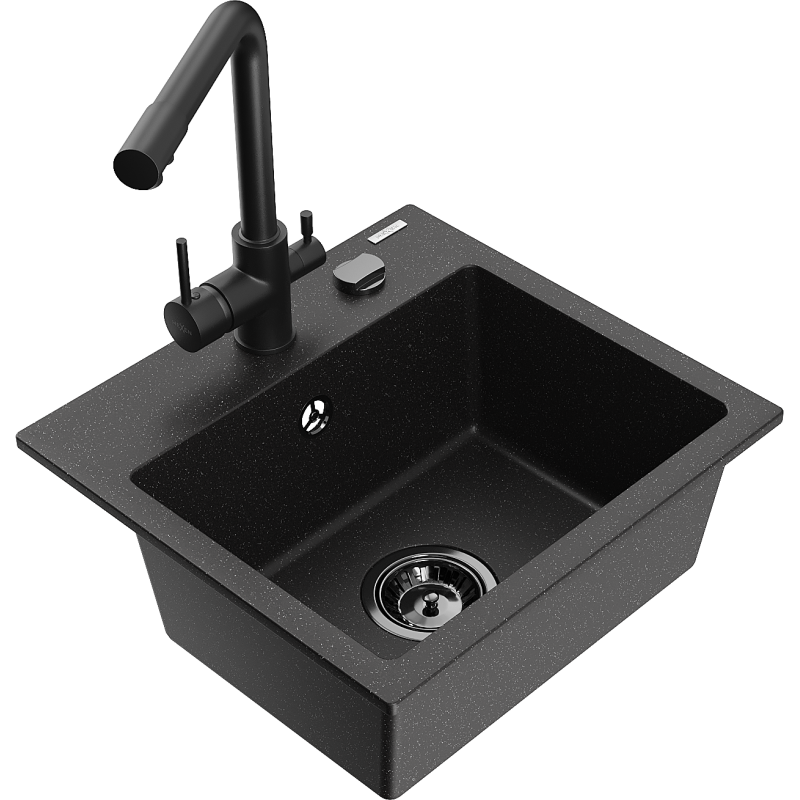 Mexen Milo fregadero de granito de un seno con grifo de cocina Duero, negro/dorado metálico - 6505-75-671600-70-B