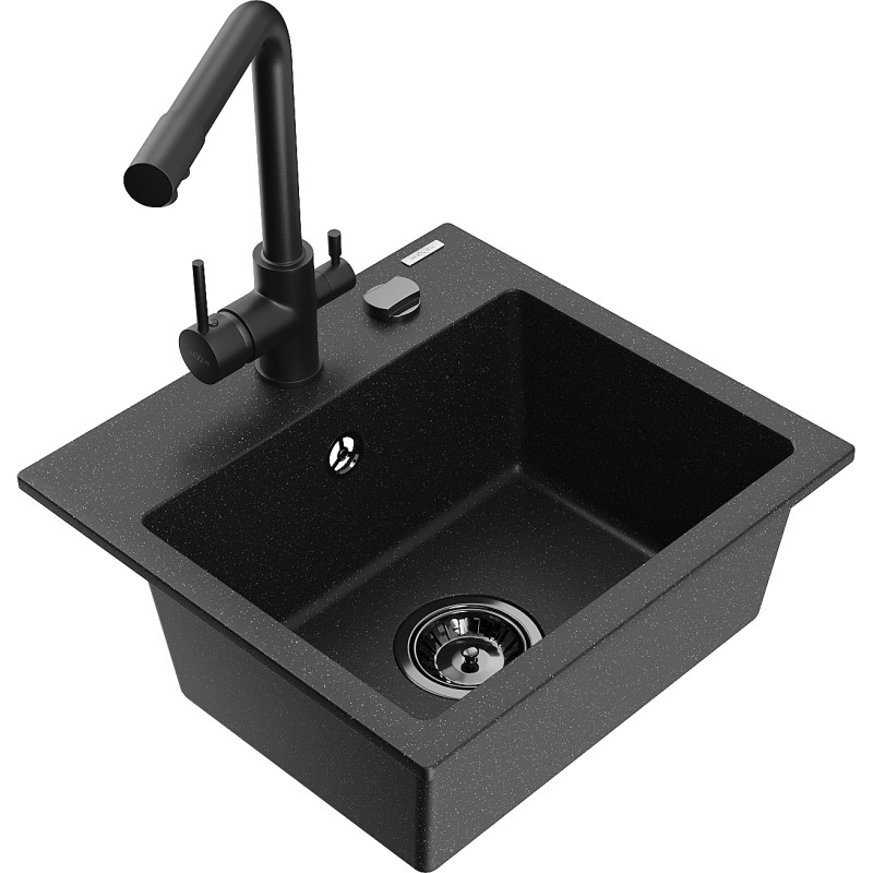 Mexen Milo Granitais virtuve izlietne ar vienu kameru un krānu Duero, melns/zeltains metālisks - 6505-75-671600-70-B