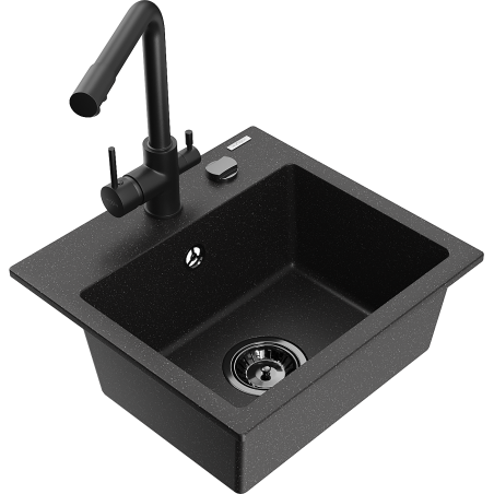 Mexen Milo granieten spoelbak met 1 bak en keukenmengkraan Duero, zwart/goud metallic - 6505-75-671600-70-B