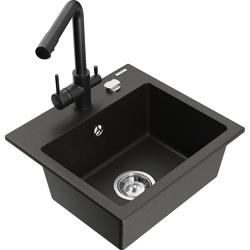 Mexen Milo fregadero de granito de 1 seno con grifo de cocina Duero, negro/oro metálico - 6505-75-671600-70