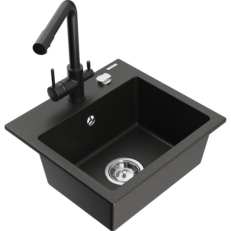Mexen Milo granieten spoelbak met 1 bak met Duero keukenkraan, zwart/goud metallic - 6505-75-671600-70