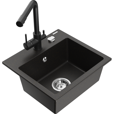 Mexen Milo évier en granit 1 cuve avec robinet de cuisine Duero, noir/doré métal - 6505-75-671600-70
