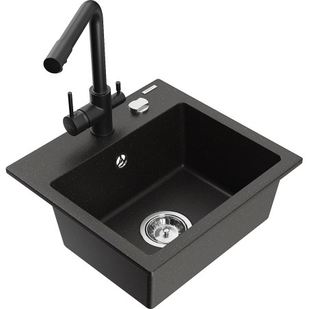 Mexen Milo granite sink 1-bowl with Duero kitchen tap, black/gold metallic - 6505-75-671600-70