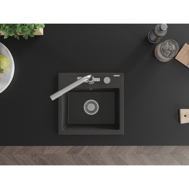 Mexen Milo 1-bowl granite sink with Duero kitchen mixer tap, black speckled - 6505-76-671600-00